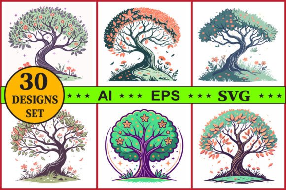 Decorative Tree Vector Clipart Set: Graphics & Illustrations