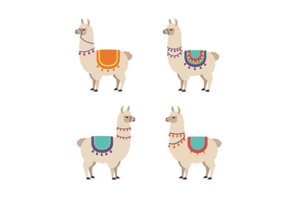 Four Llamas Wearing Colorful Decorative Graphics